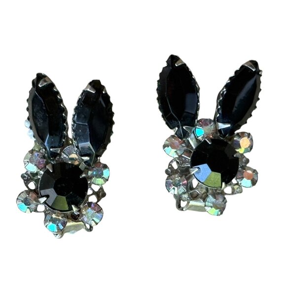 Black Crystal Bunny Clip-On Earrings With AB Crystal Aurora Borealis - Picture 1 of 5